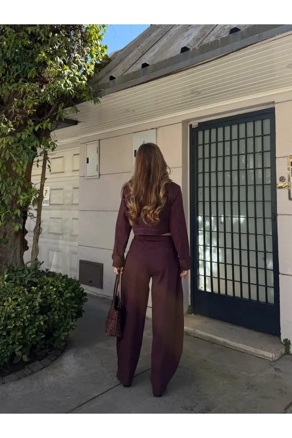 Mürdüm Kot Crop Ceket Pantolon Takım - 51244