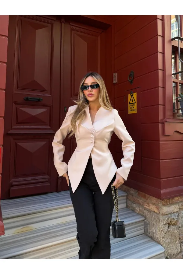 Bej Asimetrik Kesim Kuşaklı Ceket - 3001