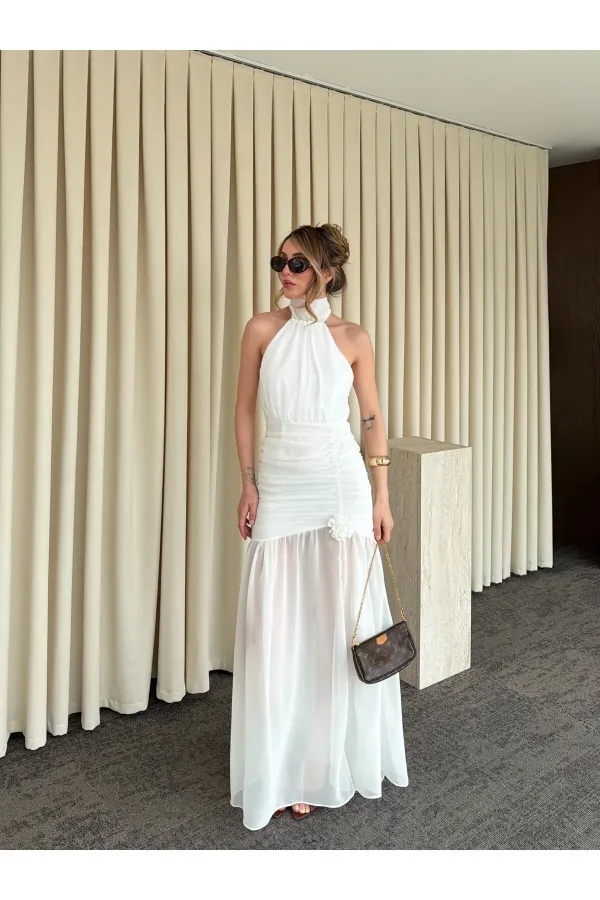 Beyaz Gül Detaylı Şifon Elbise - 2485