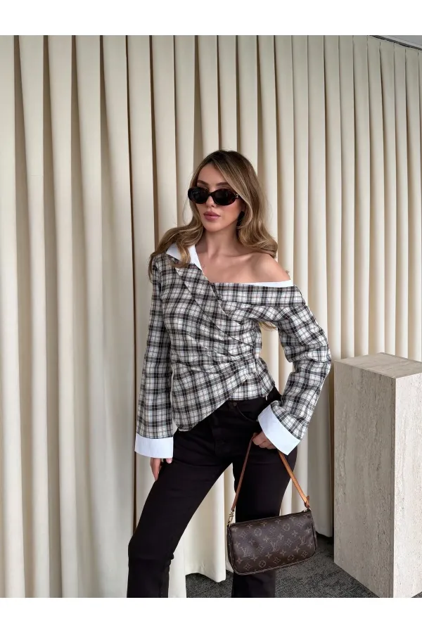 Bej - Kahve Düşük Omuz Vatkalı Ekose Gömlek - 3247