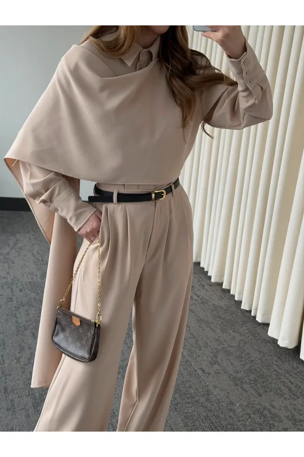 Bej Kemerli Şal Yaka Gömlek Pantolon Takım - 8004