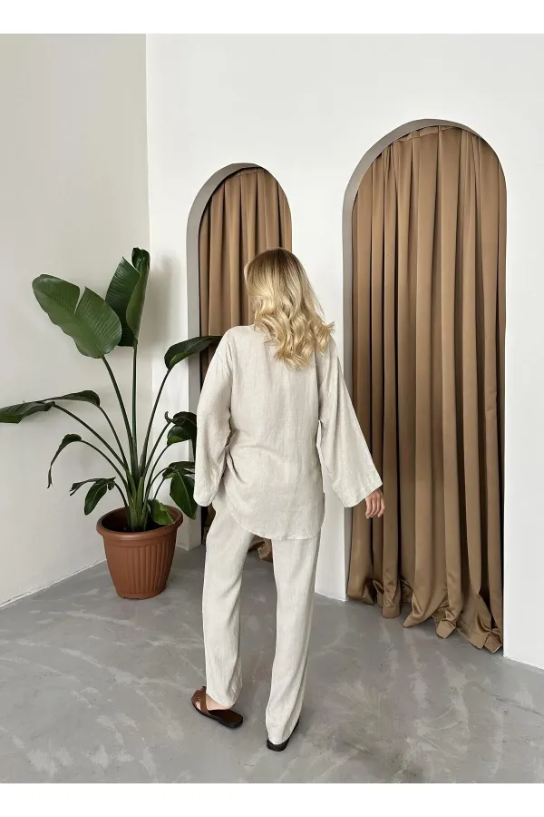 Stone Detailed Side Tie Linen Kimono Set