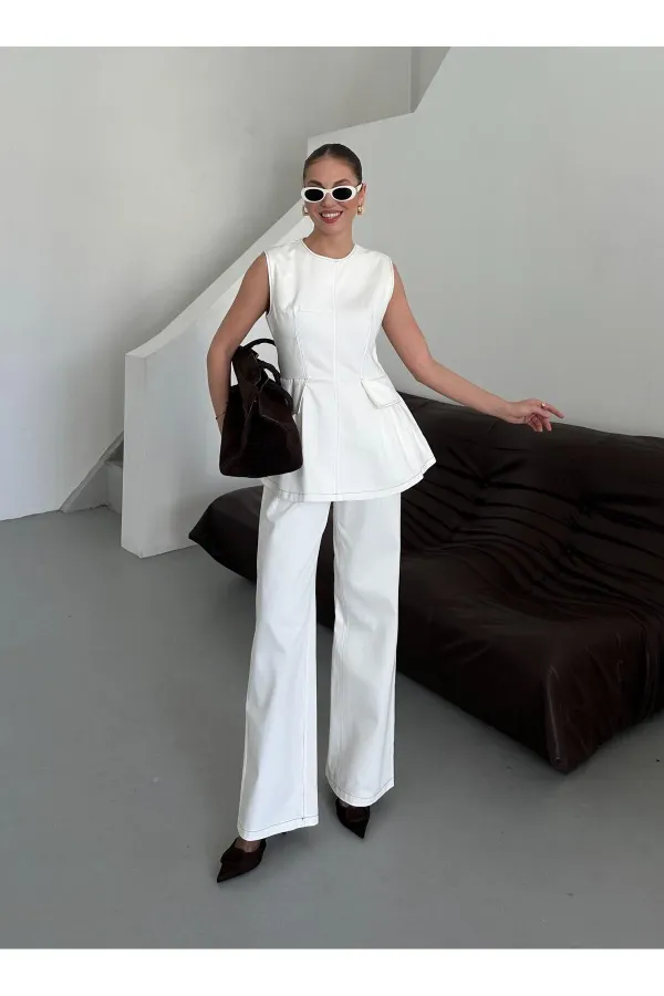 Beyaz Leandra Tasarım Bluz Pantolon Takım
