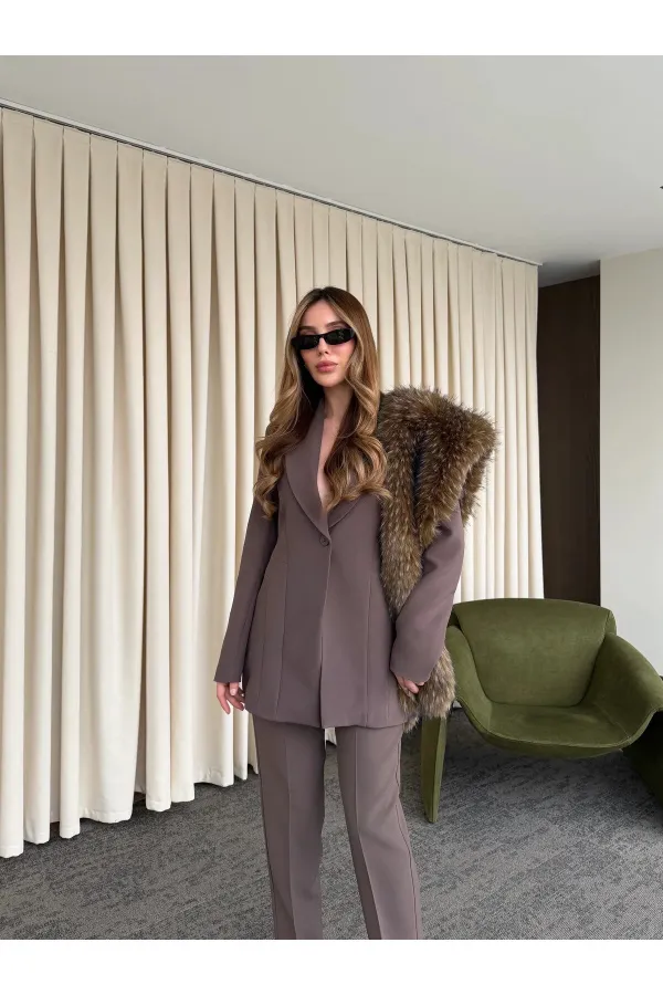 Kahverengi Belden Oturtma Blazer Ceket - 9684