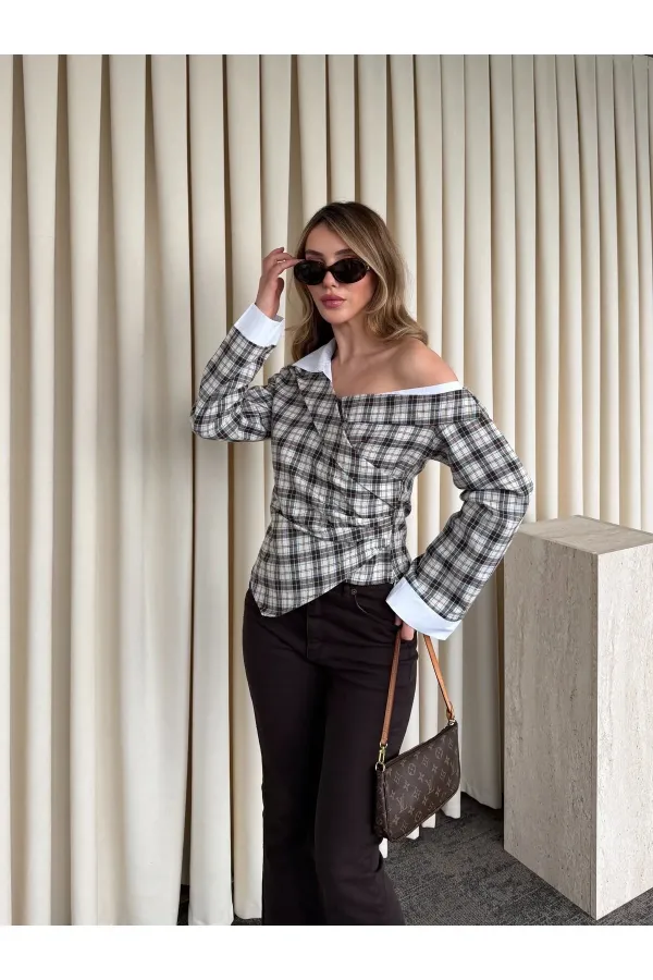 Bej - Kahve Düşük Omuz Vatkalı Ekose Gömlek - 3247