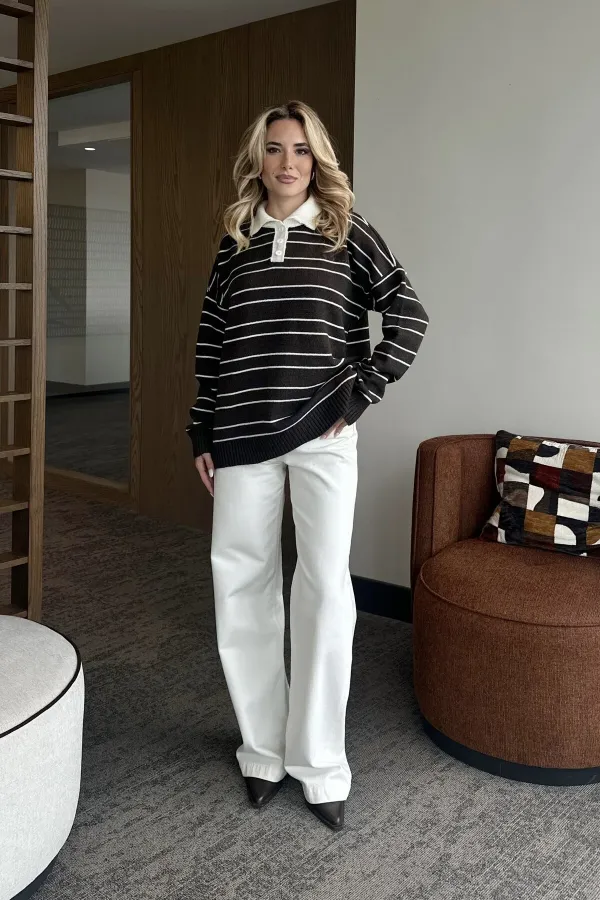 Kahverengi Beyaz Çizgili Kazak -1510