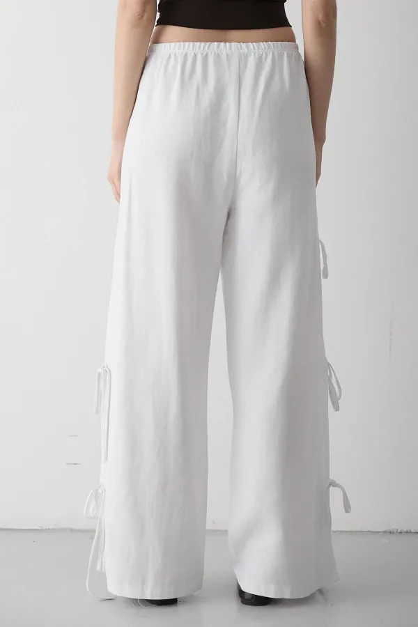 White 100% Cotton Trousers with Side Slit and Tie Detail