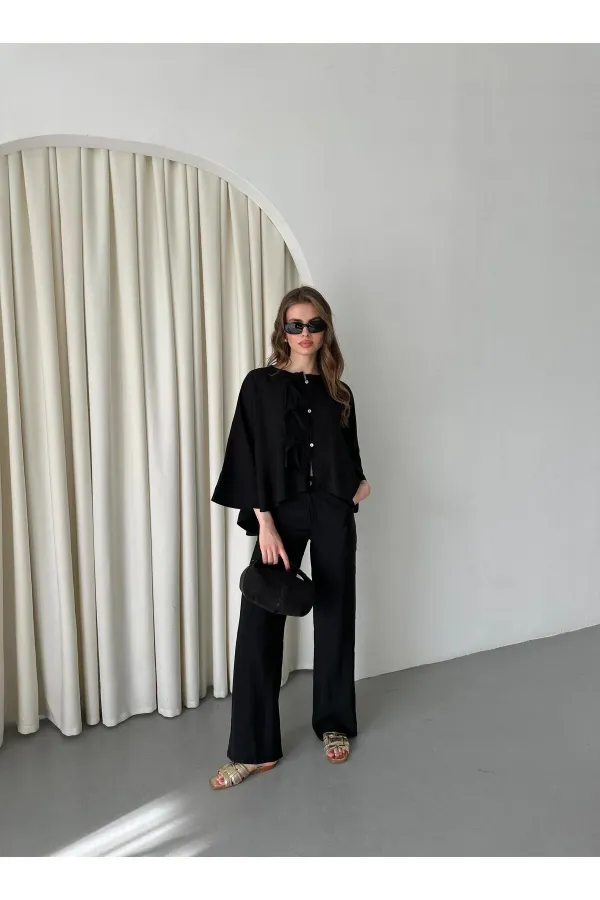 Black Batwing Sleeve Set with Lace-up Button Detail