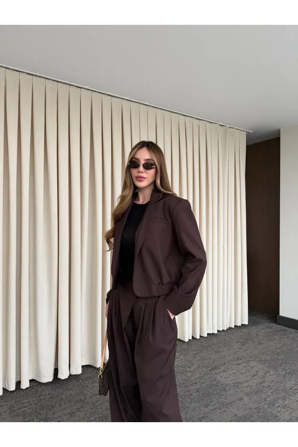 Kahverengi Crop Ceket Pantolon Takım - 9689