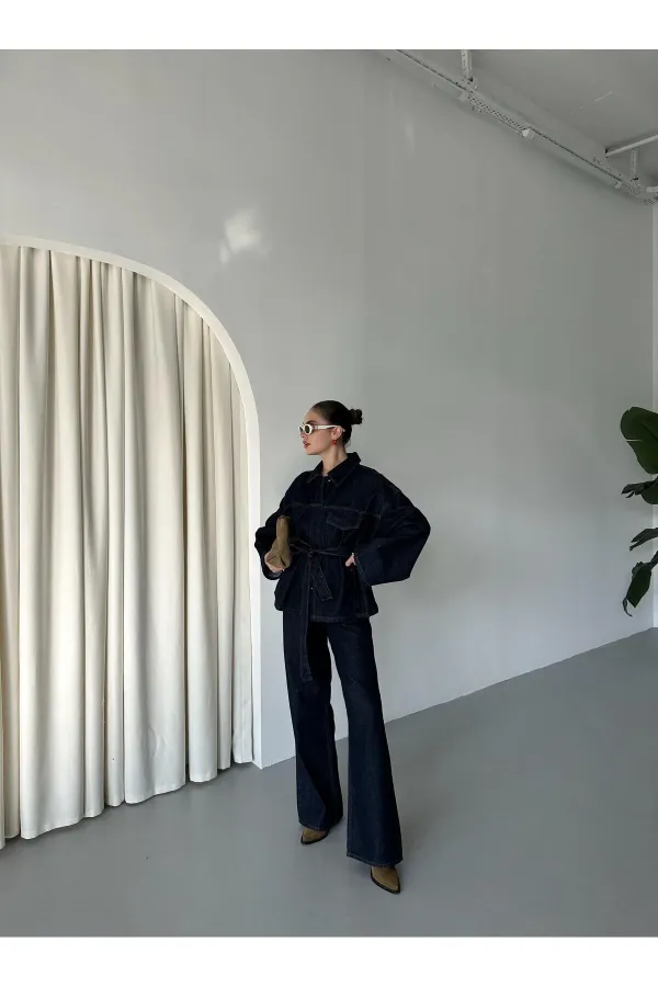 Navy Blue Tie-Up Denim Jacket and Pants Set