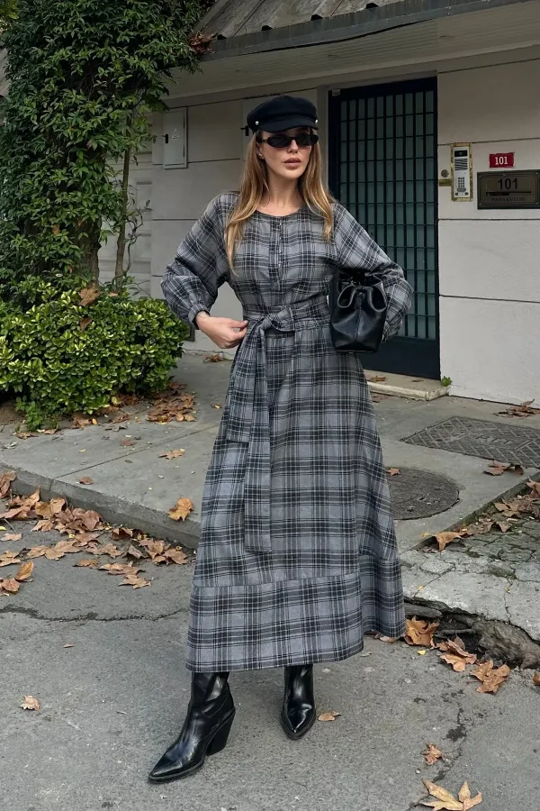 Grey Plaid Belted Long Dress - 1235 Grey Plaid Belted Long Dress - 1235