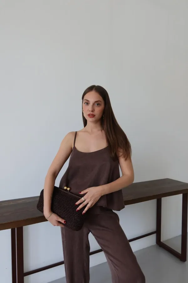 Brown Satin-Look Strappy Blouse and Pants Set Brown Satin-Look Strappy Blouse and Pants Set