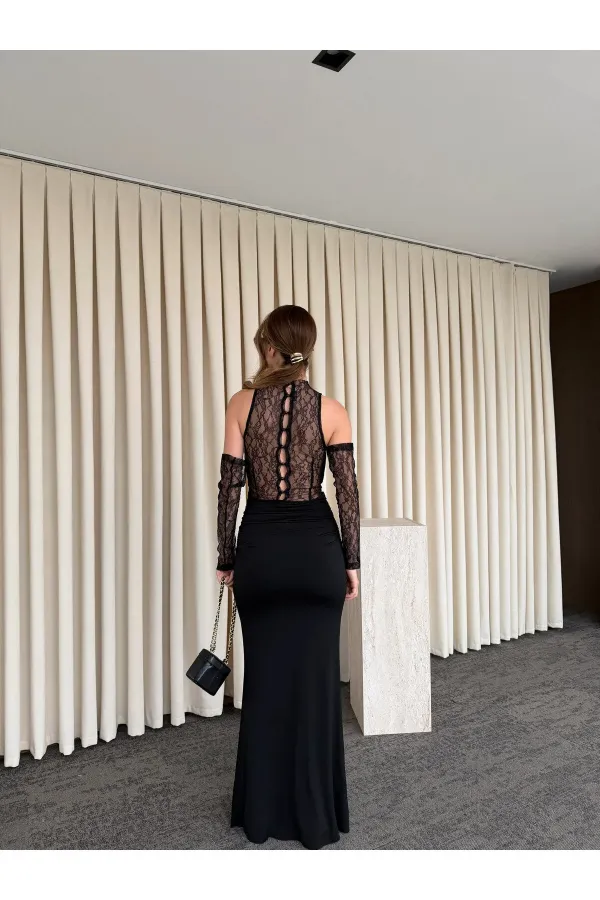 Black V-Neck Dress with Lace Gloves - 20117