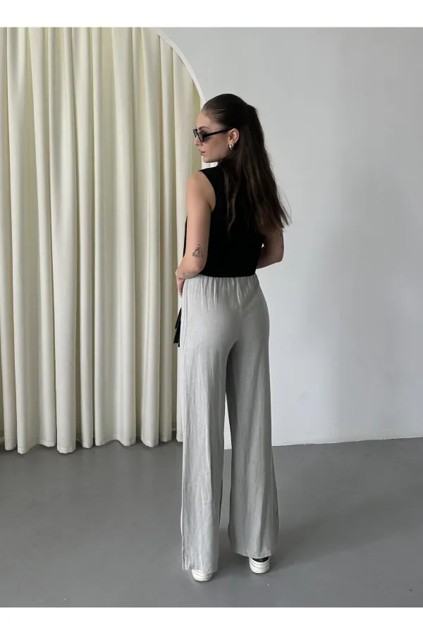 Grey 100% Linen Palazzo Trousers