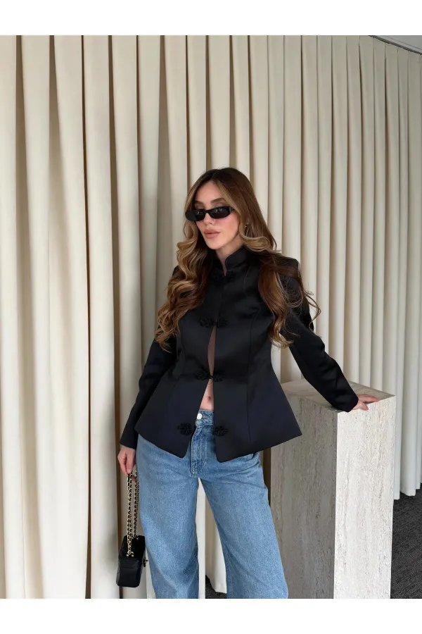 Siyah Tasarım Düğmeli Parlak Kumaş Military Ceket - 1411