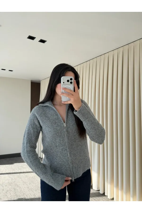 Gri Balıkçı Yaka Çift Fermuarlı Hırka - 251108