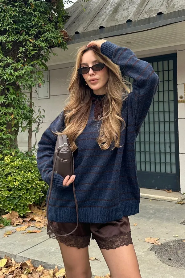 Lacivert - Kahverengi Çizgili Kazak -1510