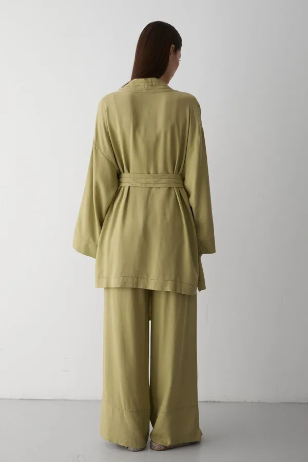 Haki %100 Pamuk Cep Detaylı Kuşaklı Kimono Takım - 8491