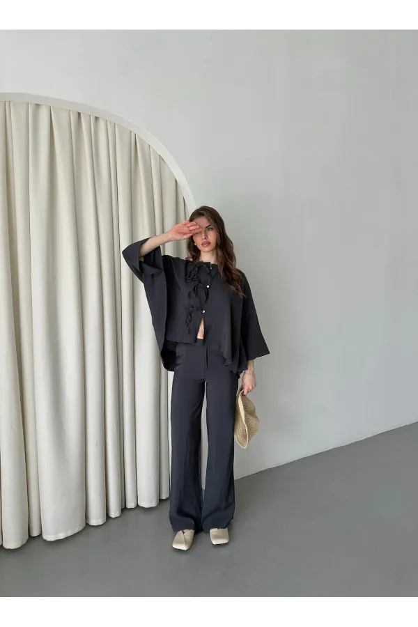 Ensemble chemisier et pantalon anthracite avec détails de surpiqûres au col - 9002