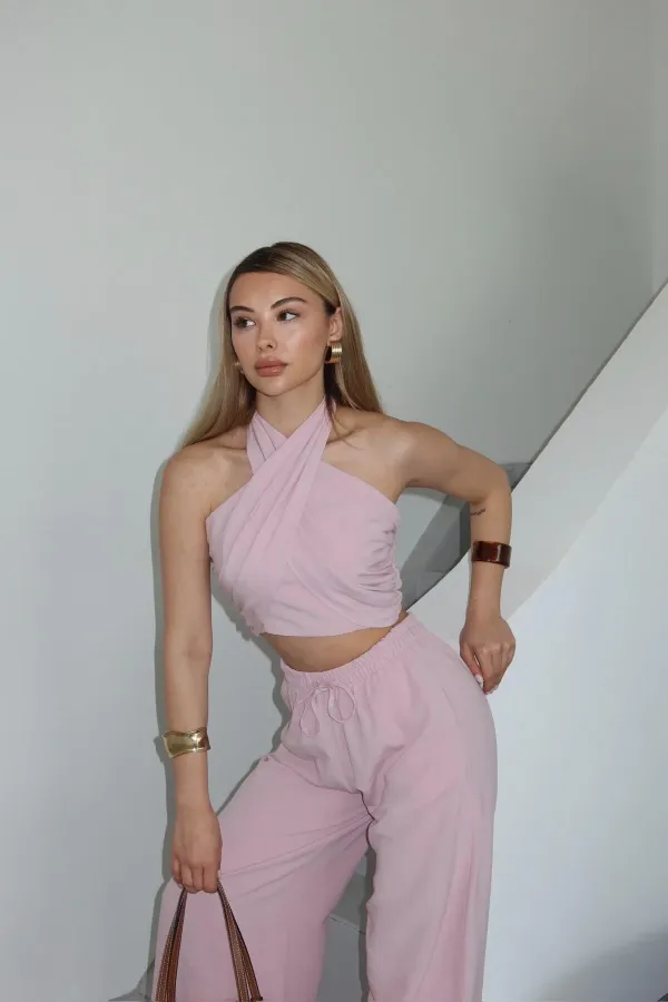 Pink Halter Neck Bustier and Pants Set