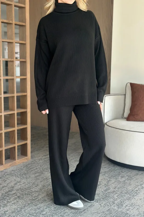 Ensemble pull à col roulé noir en maille côtelée - 4671