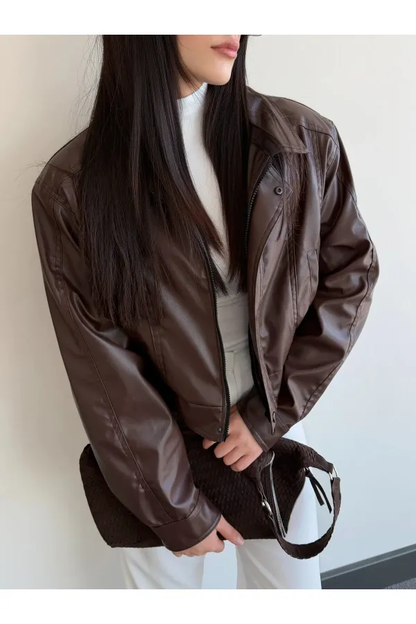 Kahverengi Fermuarlı Deri Ceket - 2617