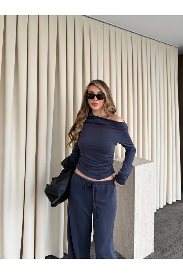 İndigo Kayık Yaka Modal İkili Takım - 7323