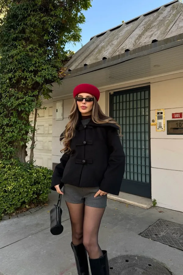 Black Short Cashmere Jacket with Button Details - 7675 Black Short Cashmere Jacket with Button Details - 7675