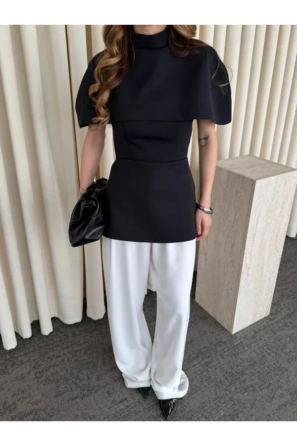 Siyah Pelerinli Straplez Bluz - 1101