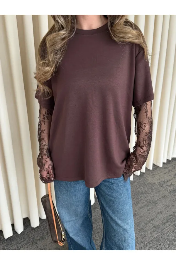 Brown Blouse with Lace Sleeves - 1049