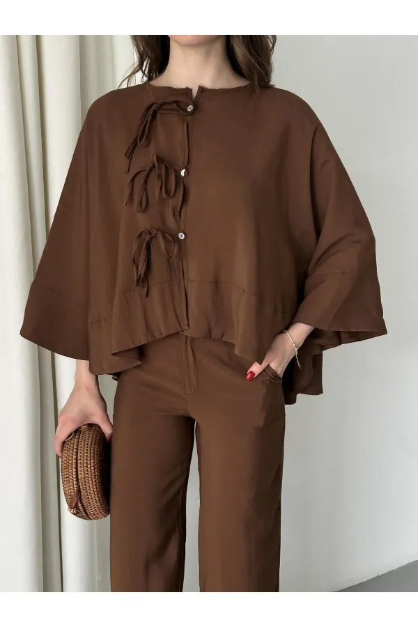 Brown Batwing Sleeve Suit with Lace-up Button Detail