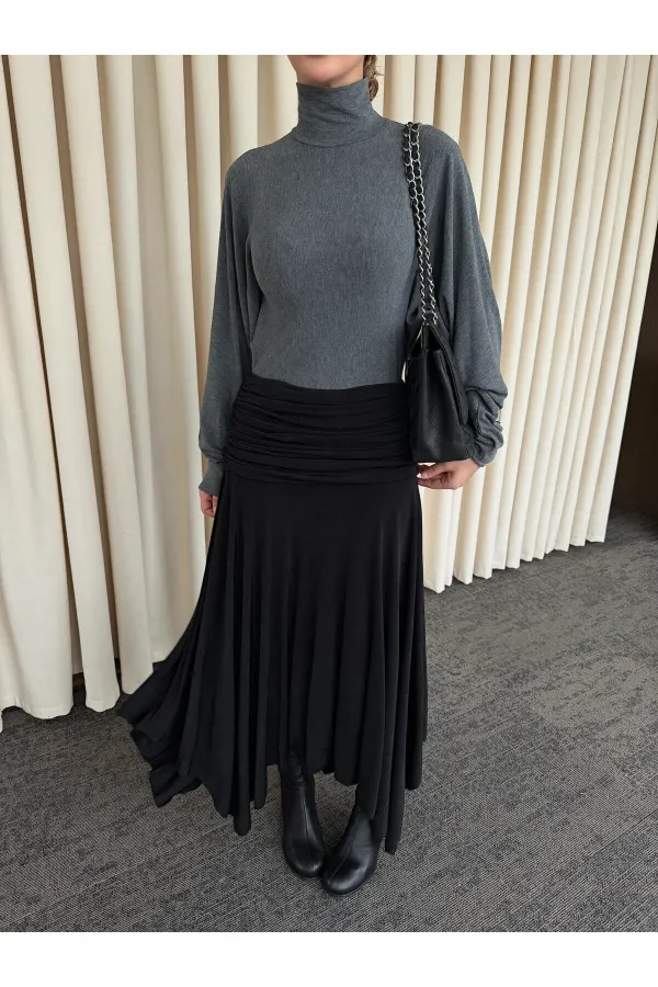 Jupe noire à ceinture froncée - 3366