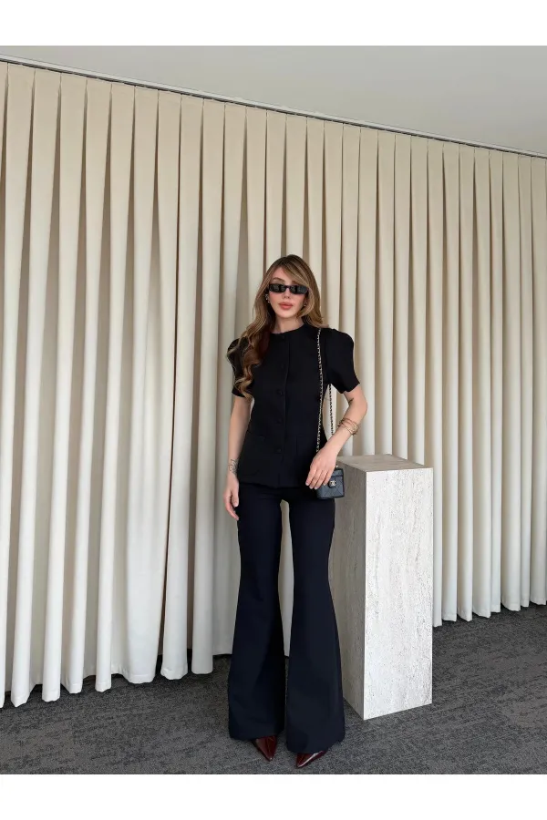 Siyah Balon Kol Düğmeli Ceket Pantolon Takım - 0440