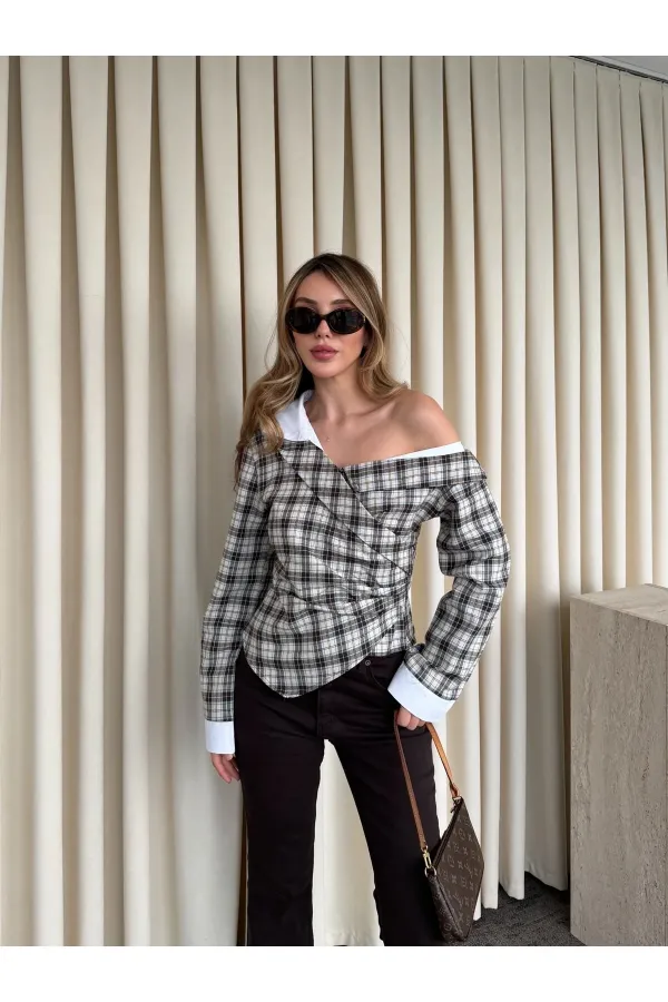 Bej - Kahve Düşük Omuz Vatkalı Ekose Gömlek - 3247