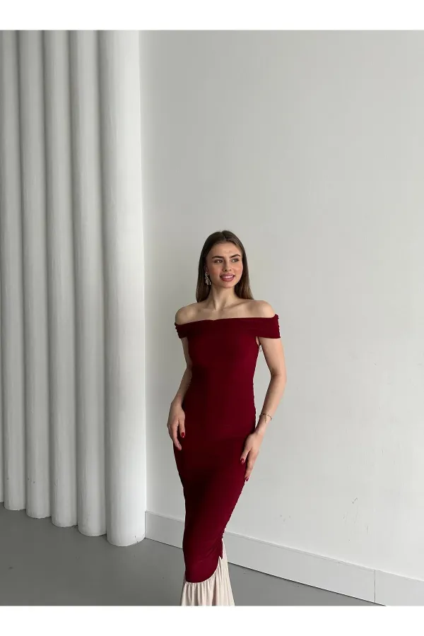 Bordo Kayık Yaka Fırfırlı Elbise - 4798