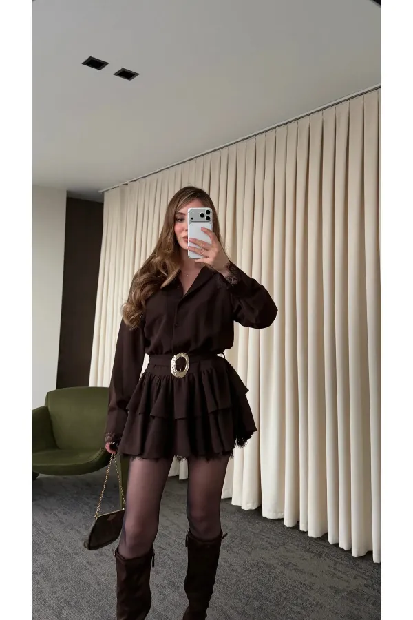 Brown Dress with Lace Hem - 35518