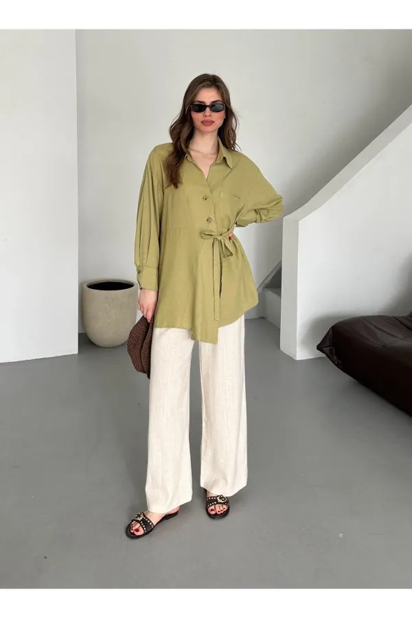 Chemise kaki 100 % coton à boutons croisés avec ceinture