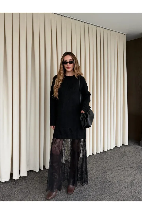 Siyah Tül Detaylı Uzun Triko Elbise - 251009