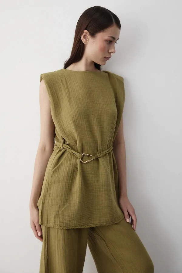 Haki Aksesuar Detaylı İkili Takım