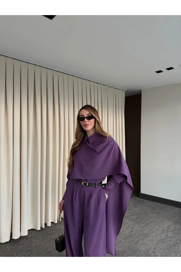 Purple Belted Shawl Collar Shirt and Trousers Set - 8004