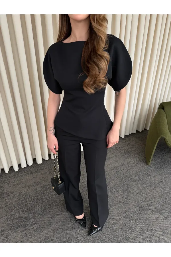 Ensemble chemisier asymétrique noir à manches ballon et pantalon - 25194