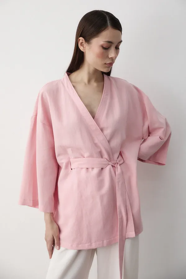 Pembe Iç Kemerli Fakir Kol Kimono - 5383