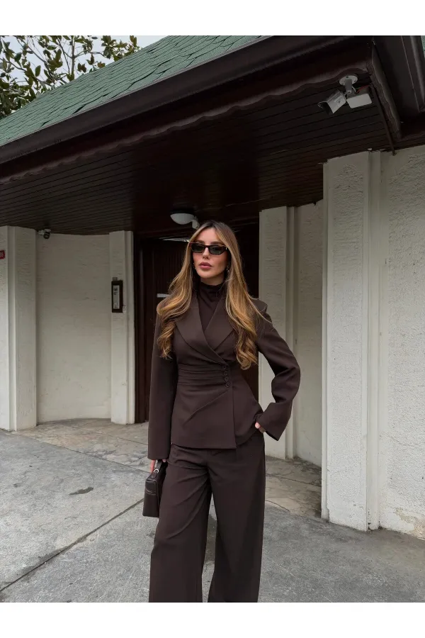 Kahverengi 4 Yan Düğmeli Ceket Pantolon Takım - 202602