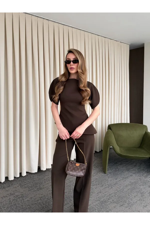 Ensemble chemisier et pantalon asymétrique marron à manches ballon - 25194