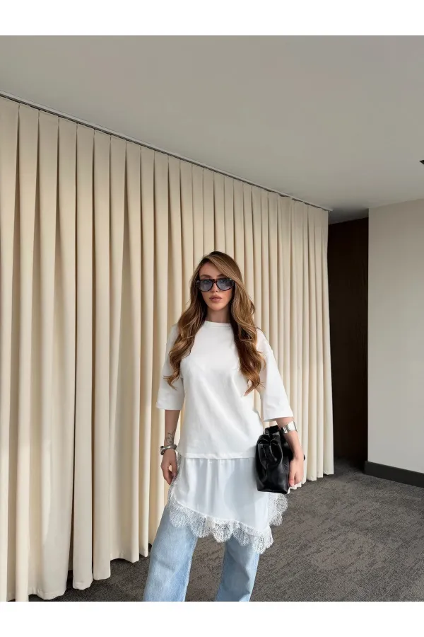 Beyaz Asimetrik Dantelli Bluz - 0771