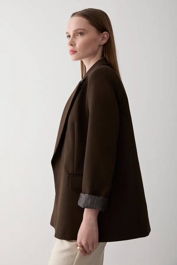Brown Striped Lined Blazer Jacket with Fold-Up Sleeves - 7560 Brown Striped Lined Blazer Jacket with Fold-Up Sleeves - 7560