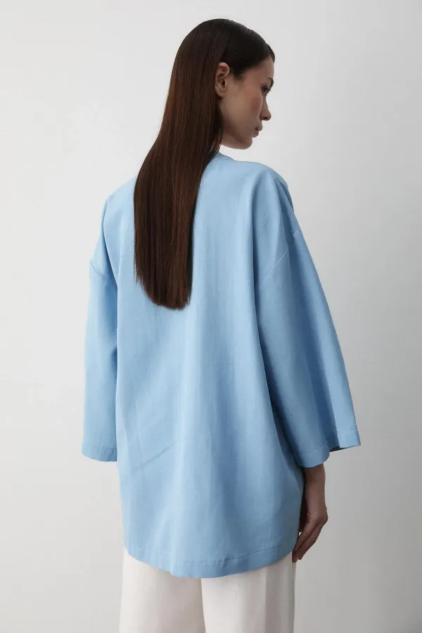 Mavi Yarım Kol İçten Kemerli Kimono - 5383