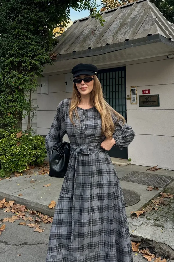 Grey Plaid Belted Long Dress - 1235 Grey Plaid Belted Long Dress - 1235