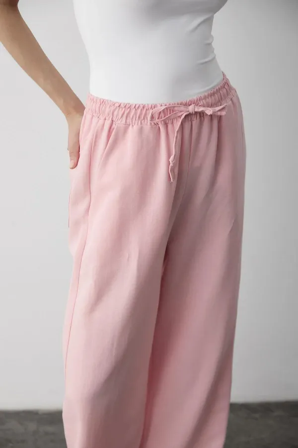 Pantalon rose en coton et lin avec taille élastique