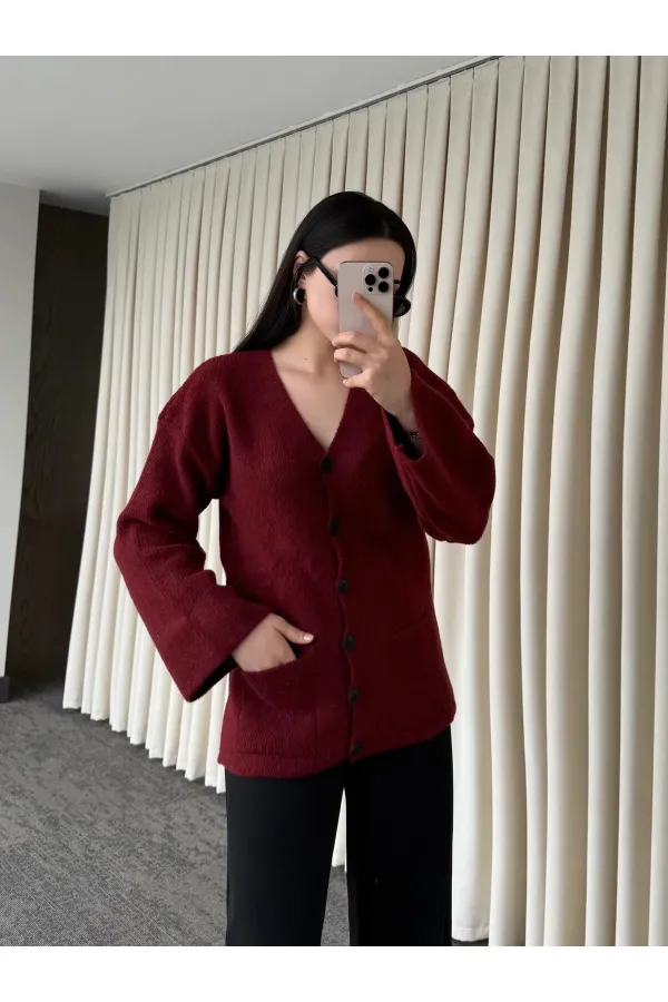 Bordo Düğmeli Basic Hırka - 4622